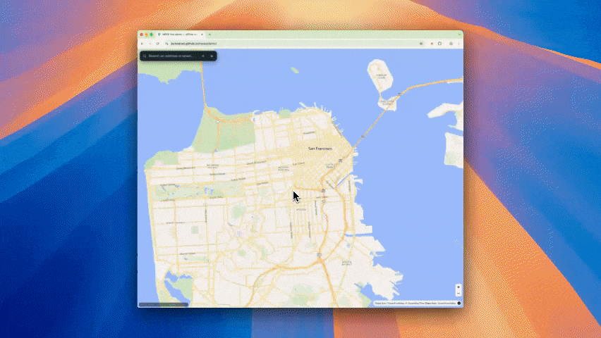MPEE live demo: address search, street-crossing lookup, point-to-point routing and multi-vehicle optimization over San Francisco, all running in the browser