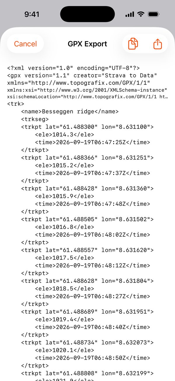 GPX export preview showing the GPX file with track points, coordinates, elevation and time, with copy and share buttons.